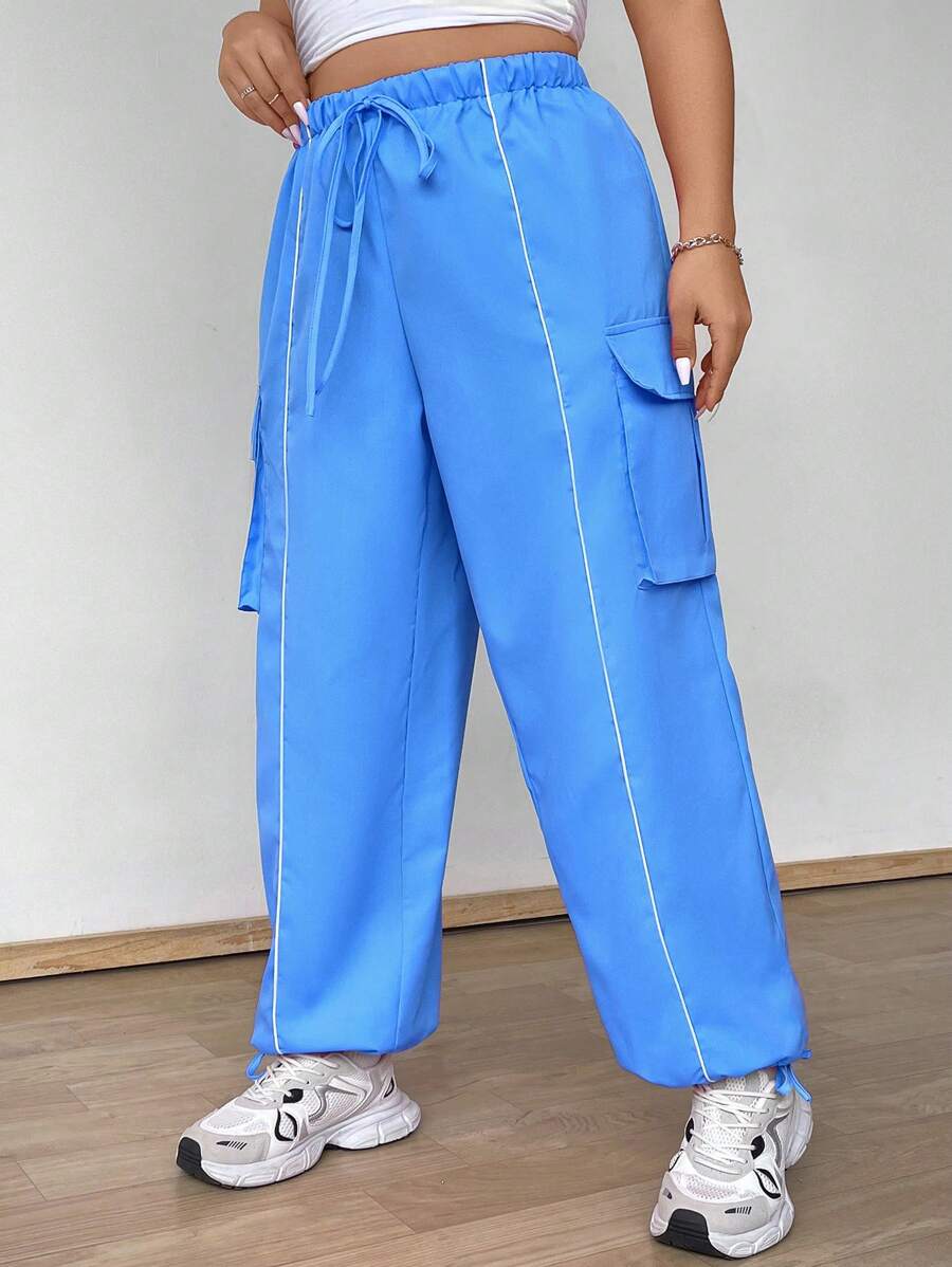 Flirla Plus Size Women Elastic Waist Drawstring Cargo Pants With Contrast Trim