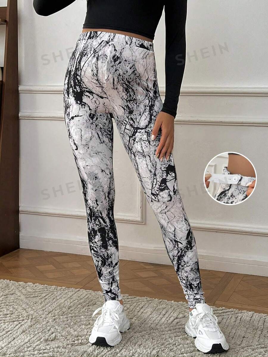 SHEIN Leggings de embarazo casuales con estampado todo sobre, ajustable en la cintura para el otoño