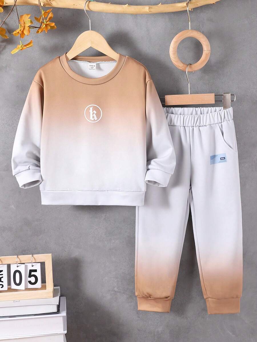 SHEIN 2 piezas Conjunto informal de sudadera y pantalón de chándal con cuello redondo en degradado para niño joven, otoño