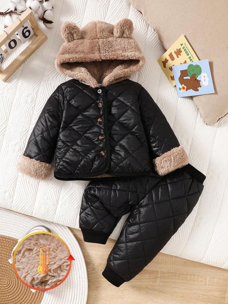 Conjunto de 2 piezas de ropa cálida y gruesa para bebé niño/niña para otoño/invierno, con chaqueta con capucha de forro polar y pantalones deportivos gruesos, estilo coreano, a prueba de viento, suave y acogedor para la temporada fría