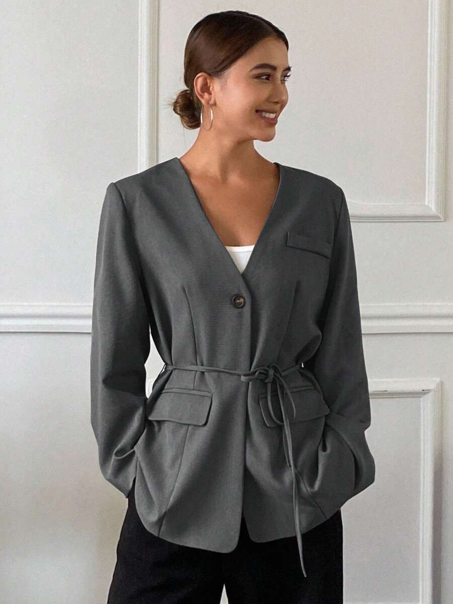 Livesso Plain Loose Pocket Batwing Sleeve Belted Women Blazer Jacket