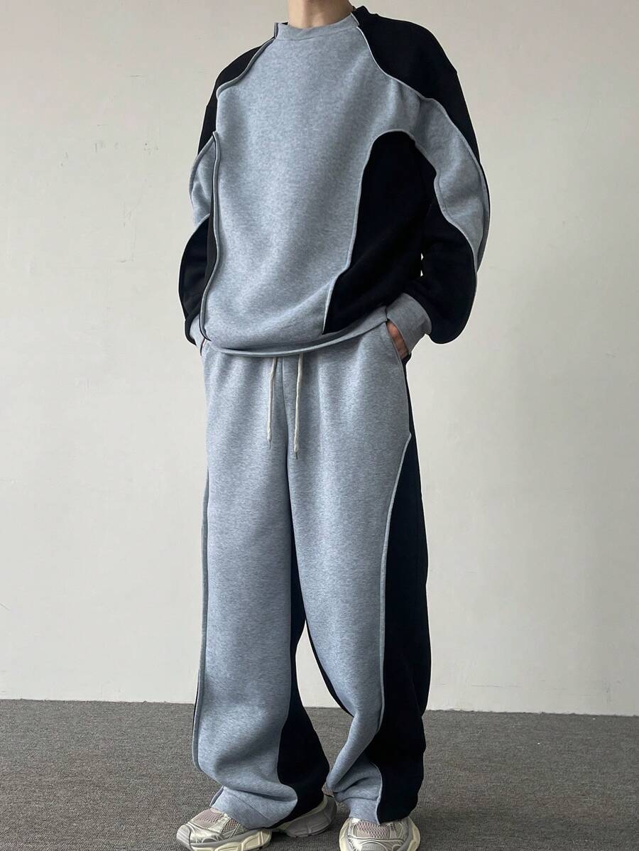 Manfinity Hypemode Conjunto casual de 2 piezas para hombre: sudadera de manga larga y pantalón con cordón en la cintura, en bloques de color, para otoño