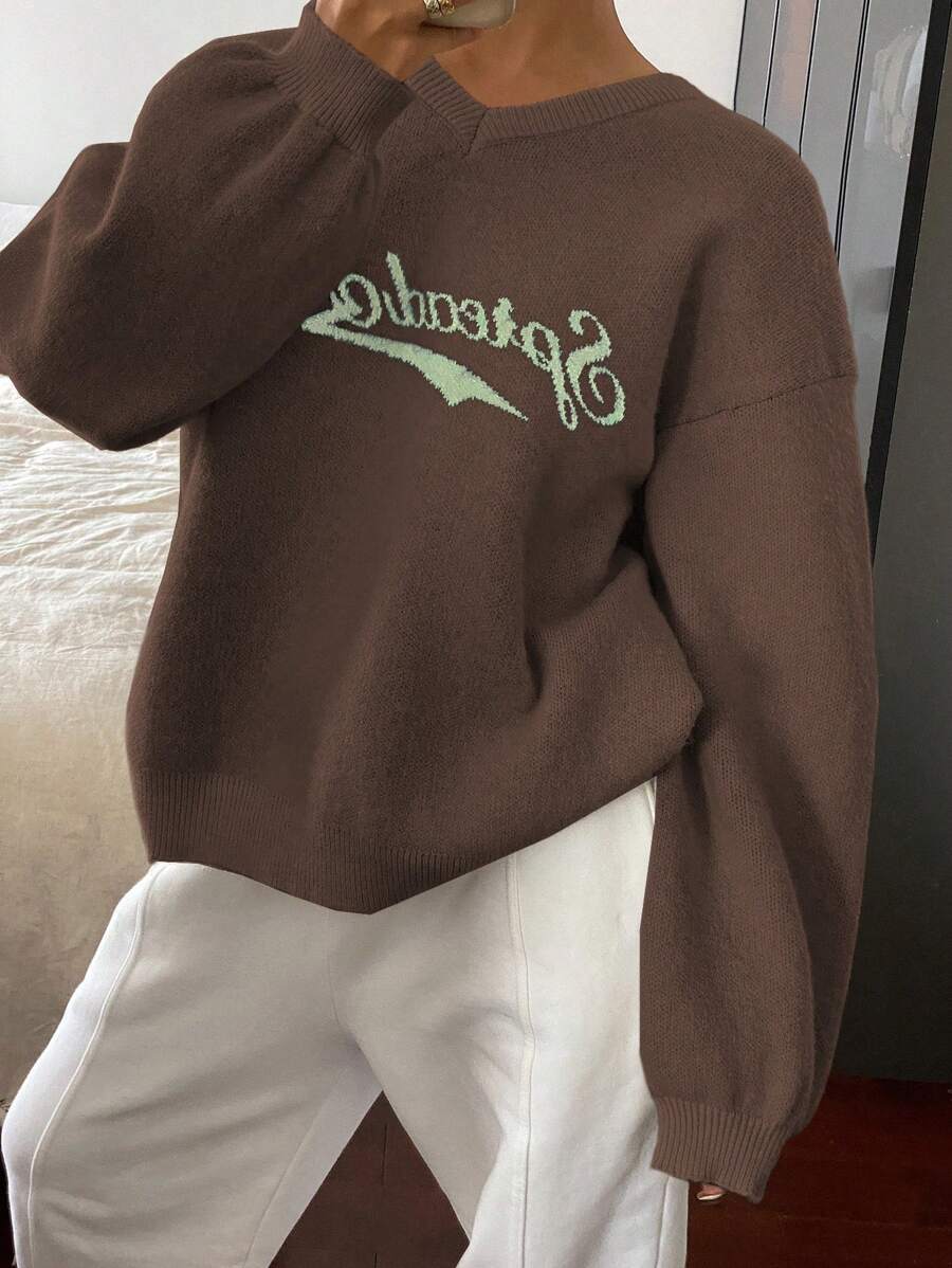 DAZY Suéter holgado de tejido jacquard con cuello en V y letra para mujer