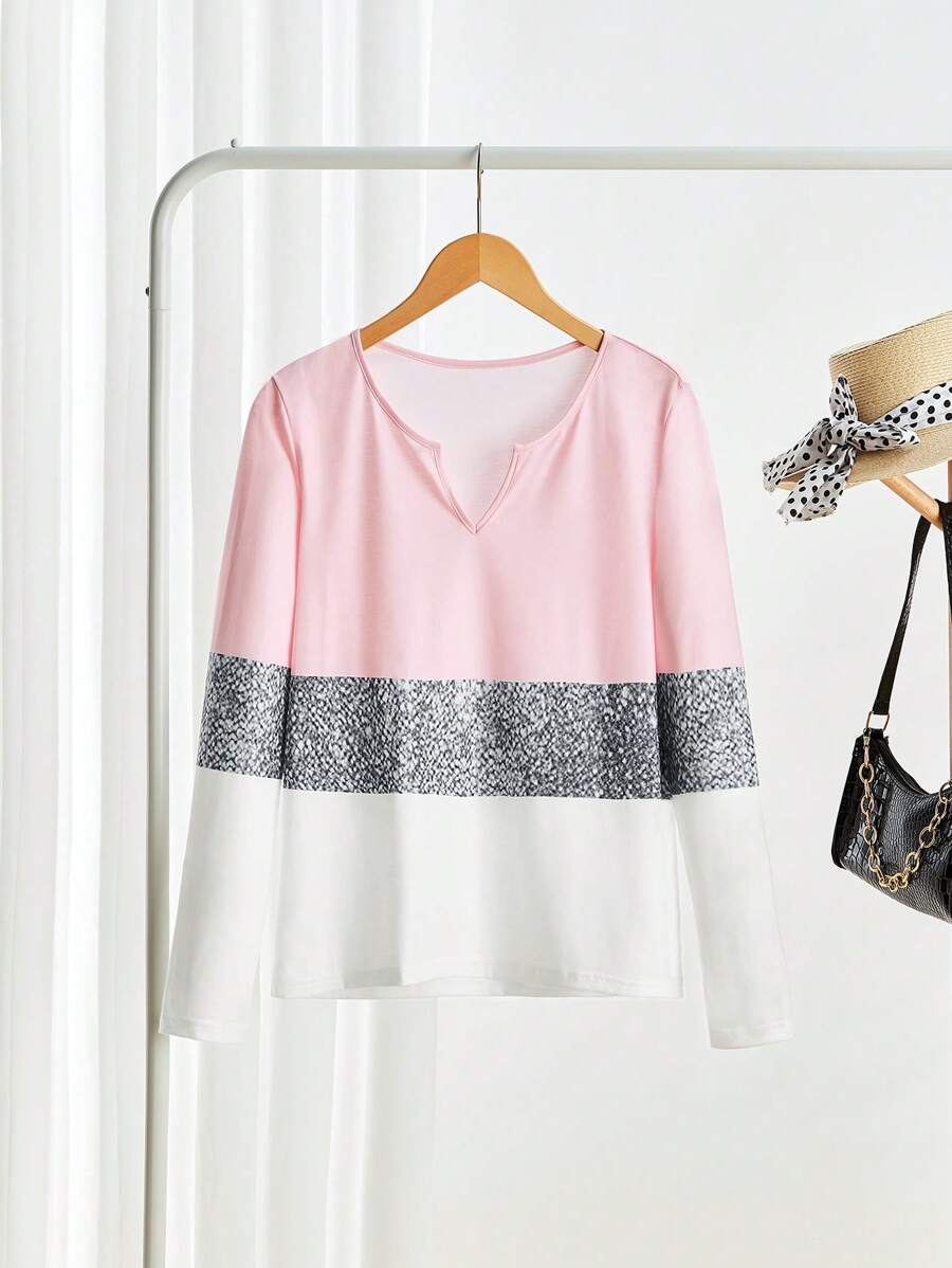 SHEIN LUNE Women's Solid Color Splicing V-Neck Long Sleeve Casual T-Shirt