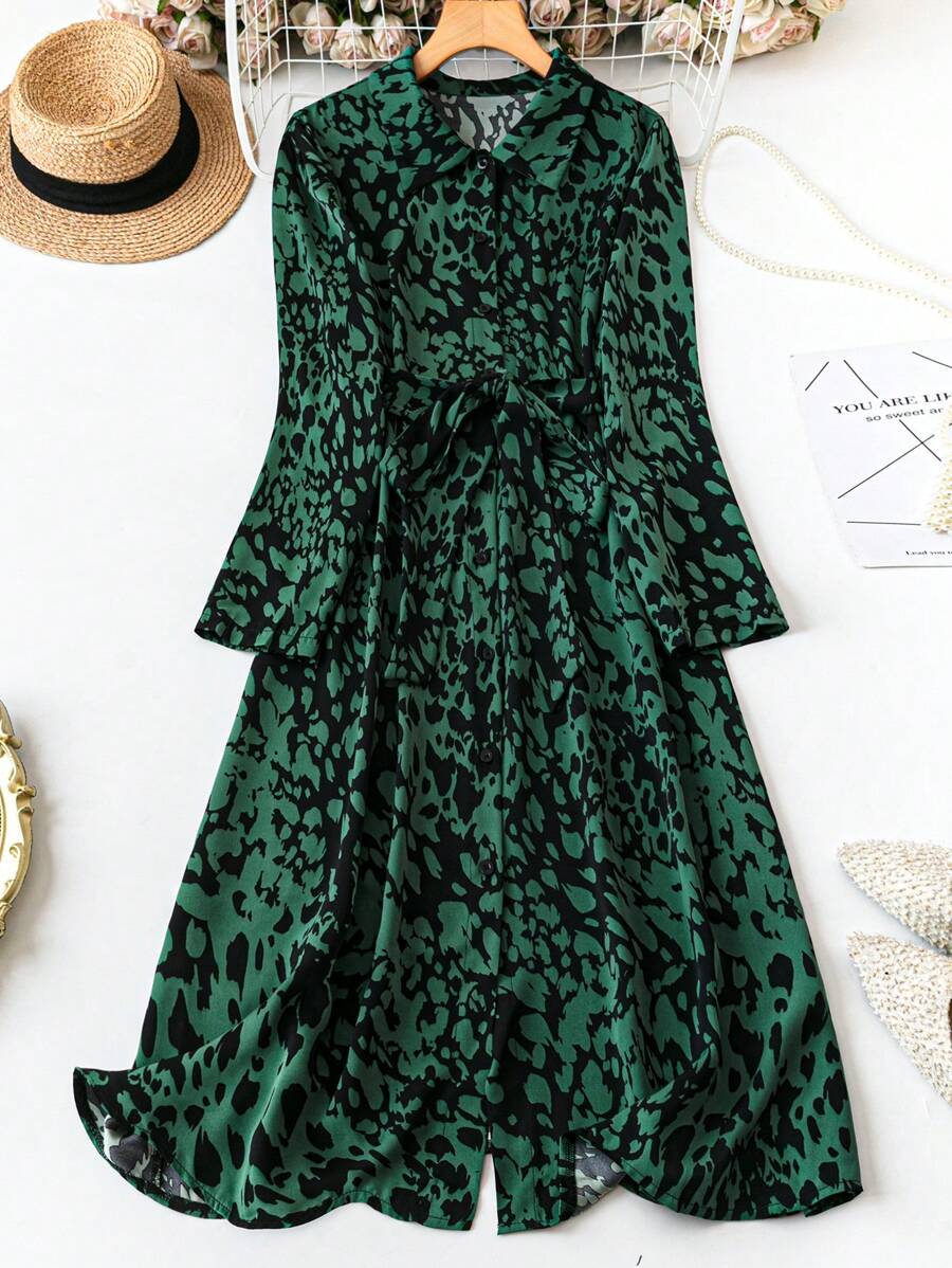 SHEIN LUNE Plus Size Casual All-Over Print Button Down Shirt Dress, Jesienny Maxi Strój Damski