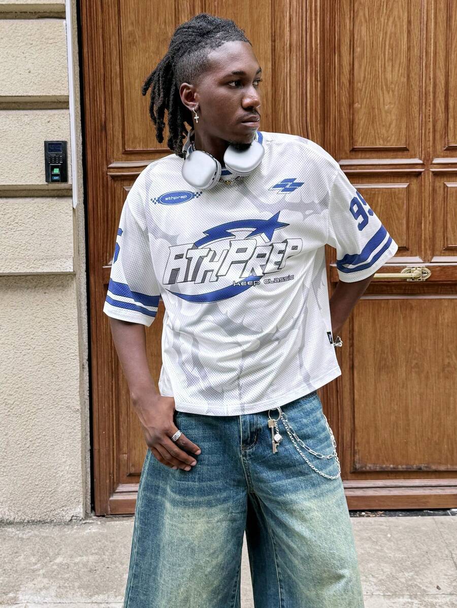 AXEPEAK Maglietta a maniche corte casual da uomo stile ampio, stile maglina, con stampa a lettere, ispirata allo streetwear estivo per la scuola