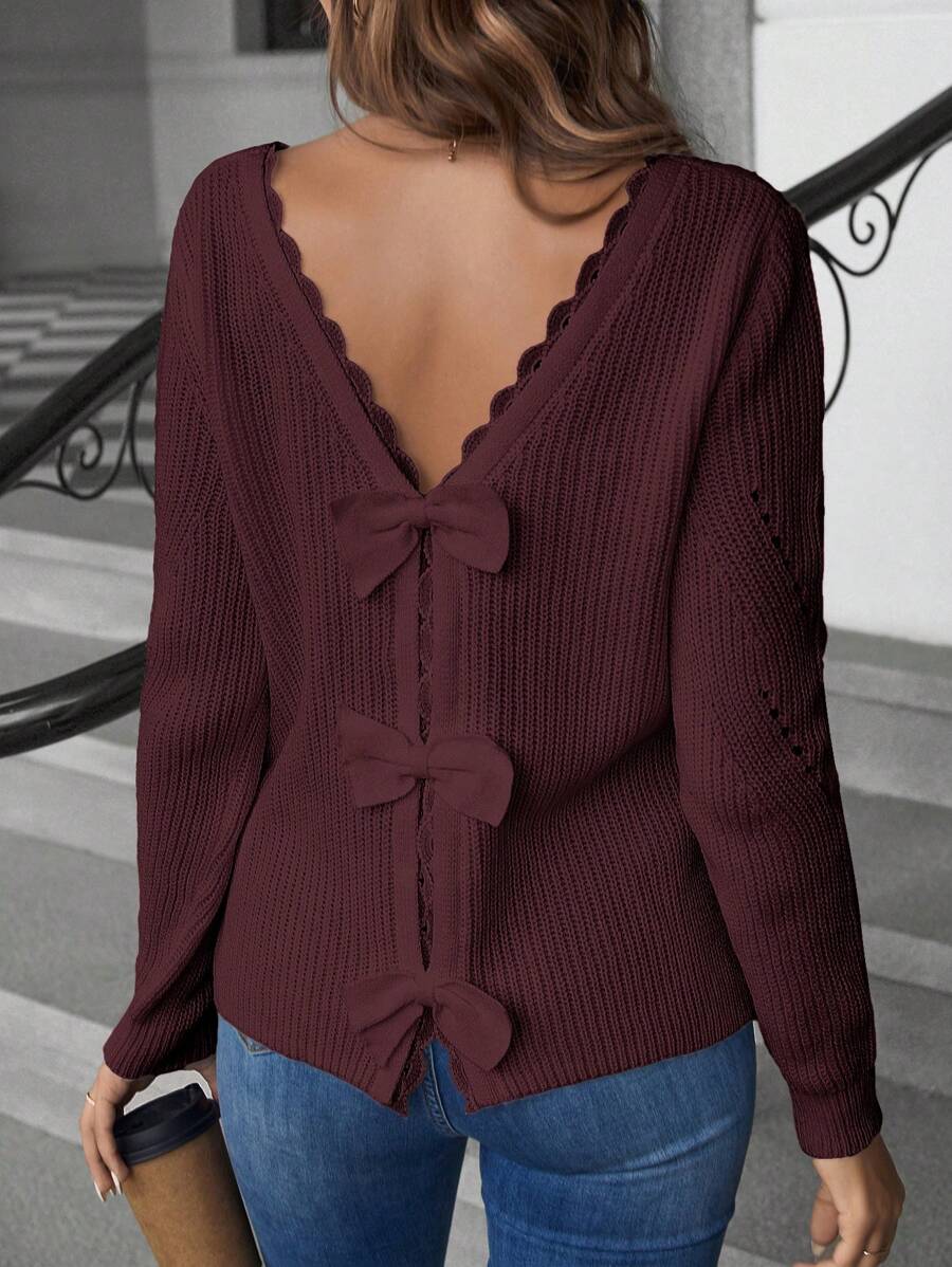 SHEIN Frenchy Suéter com Laço Contrastante de Renda Guipure, Detalhe Ilhós, Manga Longa