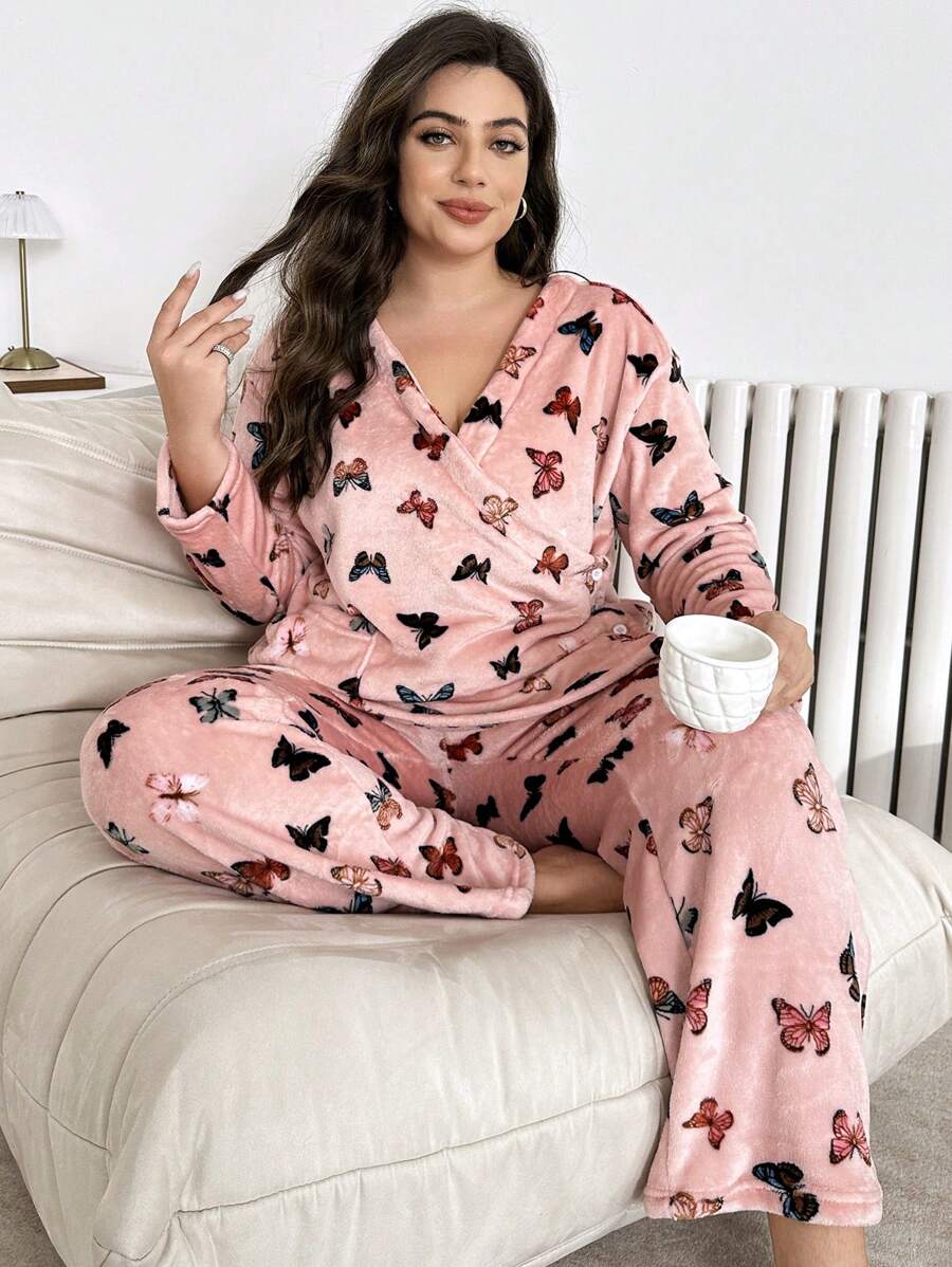Butterfly Print Flannel Oblique Collar Shirt And Pants Plus Size Women Pajama Set, Casual