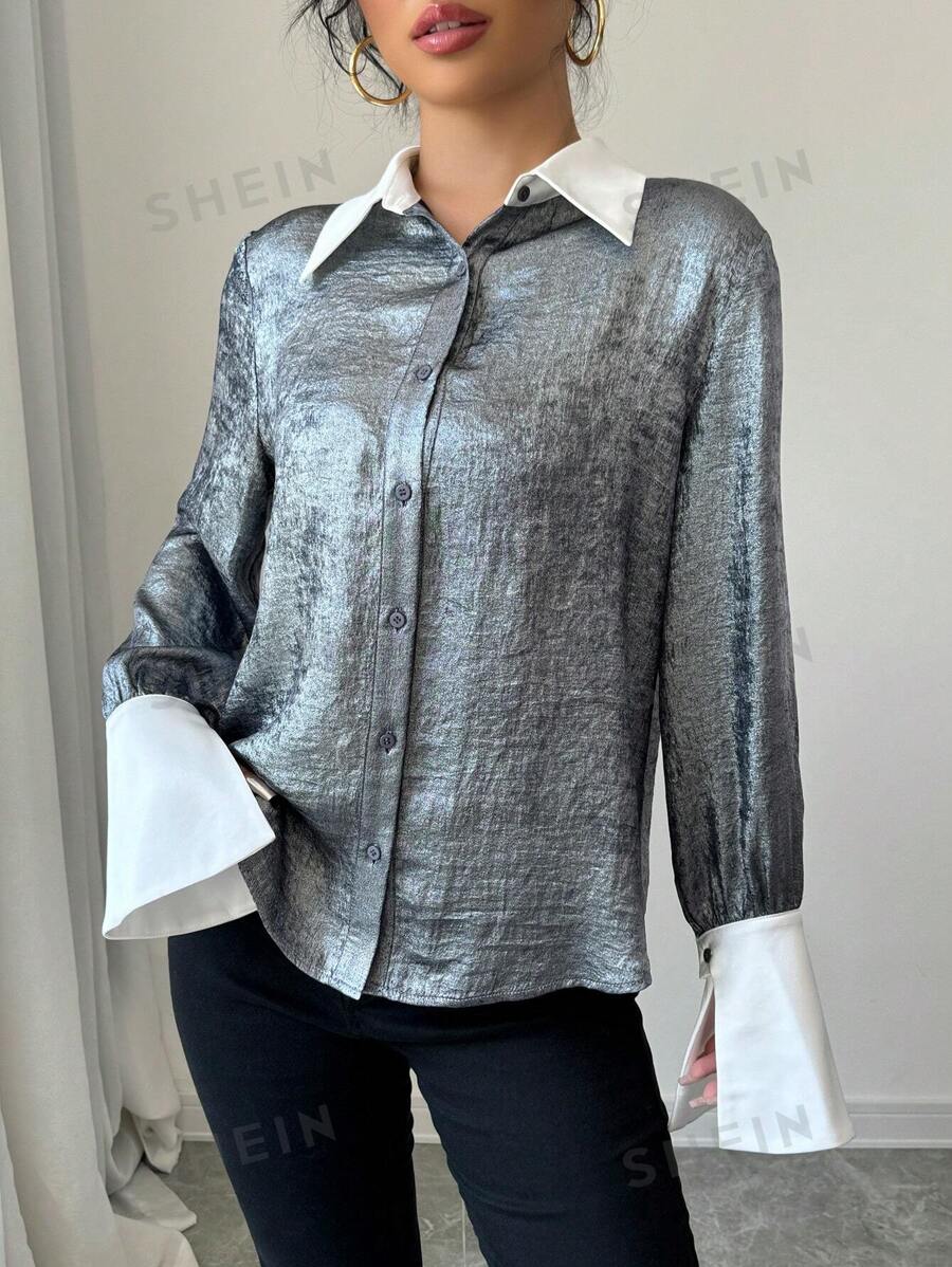Calvaya Camisa larga holgada de manga larga con contraste de color metálico para mujer, de uso casual en otoño