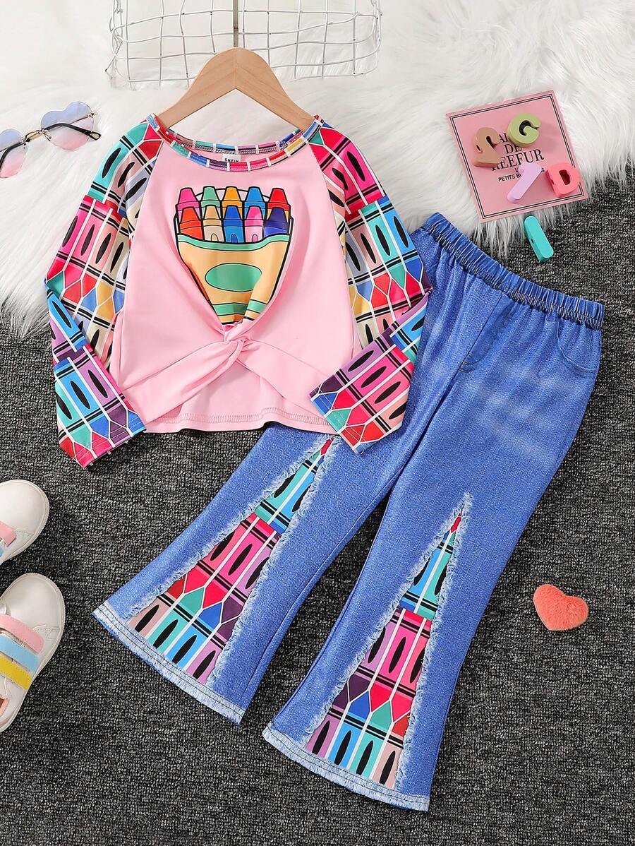 2pcs Young Girl' Fashionable Personalized Outfit, Brush Print Round Neck Long Sleeve Top + Flared Pants, Spring Autumn