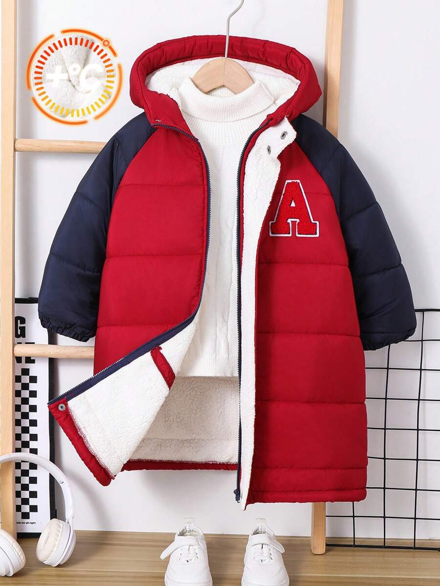 SHEIN 1pc Young Boys Casual Comfortable Warm Classic Blue & Red Pieced Hooded Long Padded Coat, Suitable For Outings, School, Daily Gatherings, Autumn & Winter Seasons