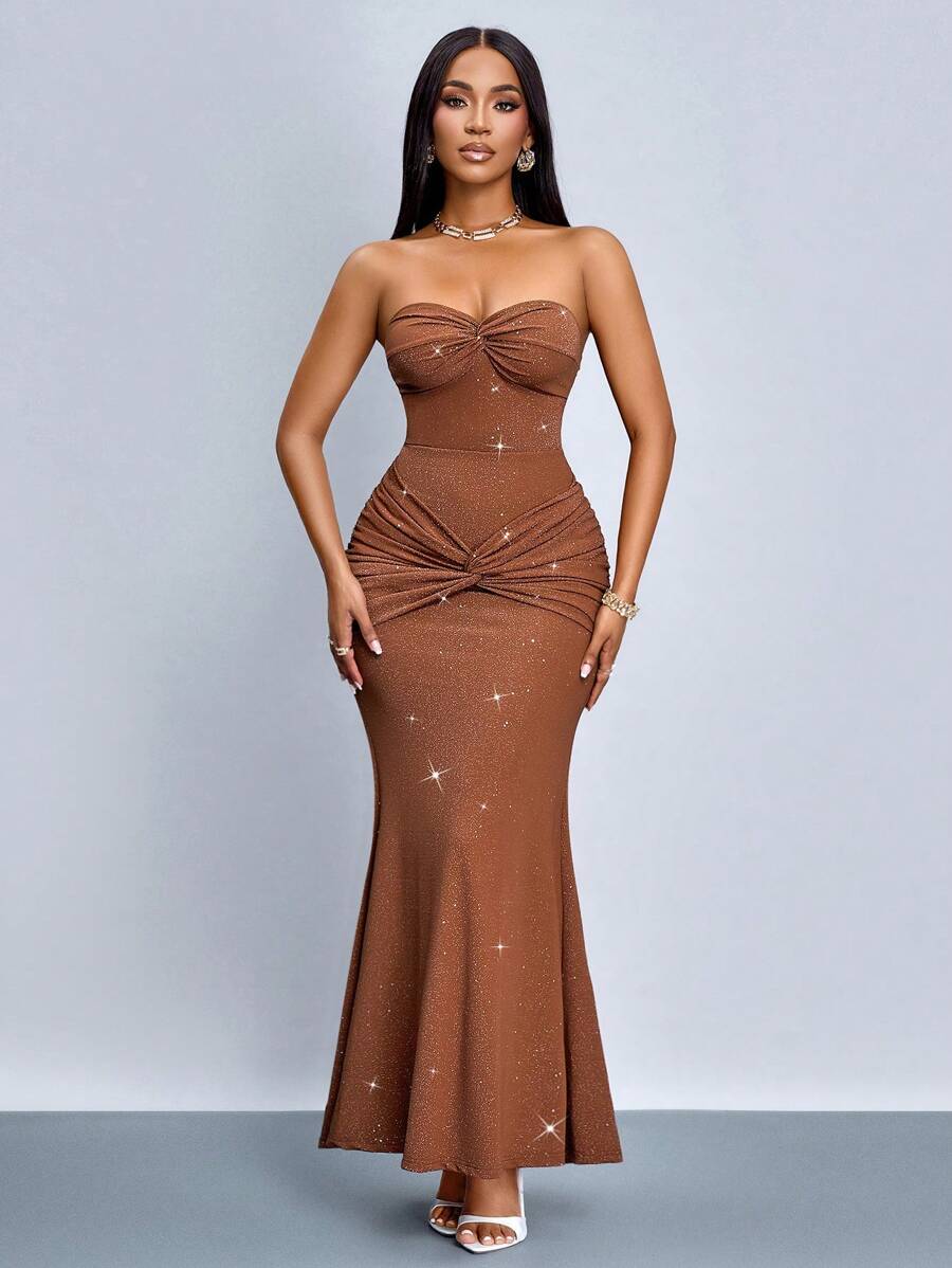 SOLERSUN Winter Clothes For Women Sexy Bodycon Twist Ruched Detail Sparkling Sequins Dress Bodycon Elegant Dress,Suitable For Christmas Party Vacation & Dating