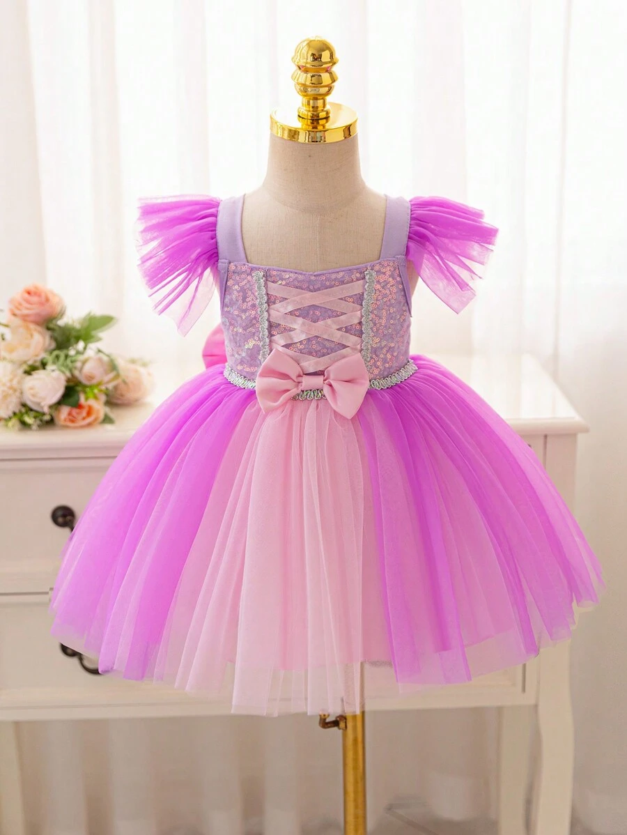 Glamorique Kids Christmas Partywear Santa Dress, New Year's Dress. Baby Girl Christmas & Halloween Ball Gown Dress, Princess Dress With Bow, Sequin Silver Ribbon, Pink Satin Ribbon, Flared Tulle Skirt, Front & Back Bow, Stage Performance, Birthday Party, Wedding, Festival Dress, Suitable For All Seasons