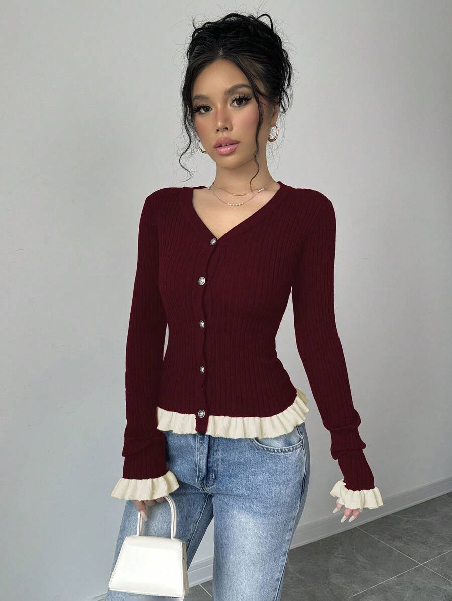 Elenzga Gerimpelde rand, contrasterende kleur gebreide cardigan, tops met lange mouwen