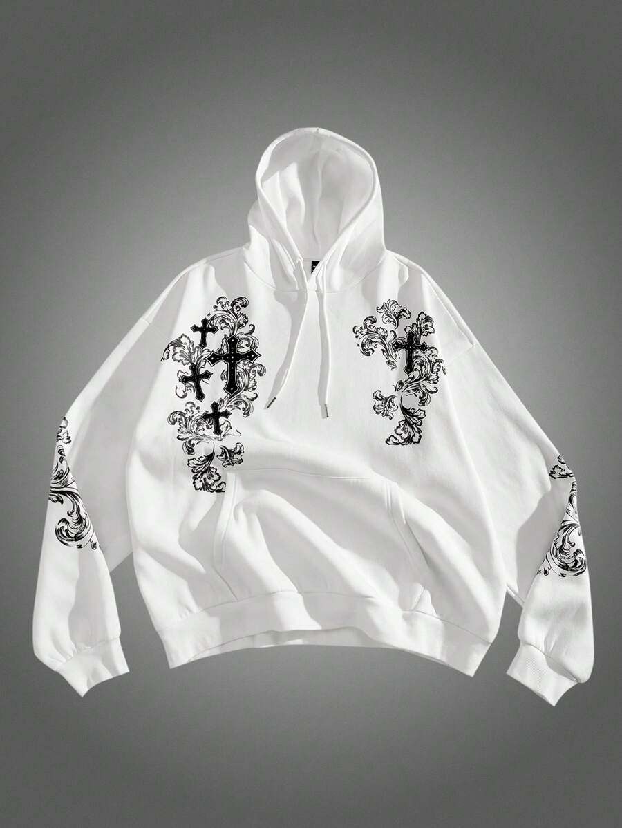 Manfinity VCAY Felpa con cappuccio oversize da uomo bianca lavorata a maglia con stampa a croce