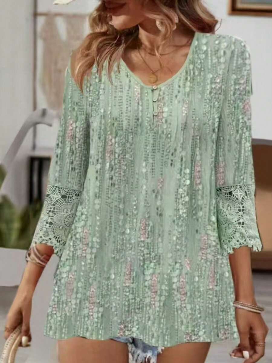 EMERY ROSE Women's V-Neck Lace Trimmed Allover Print Blouse Top, Summer
