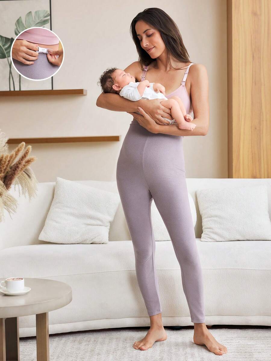 SHEIN Solid Color Adjustable Waist Maternity Leggings For Daily Fitness And Casual Wear