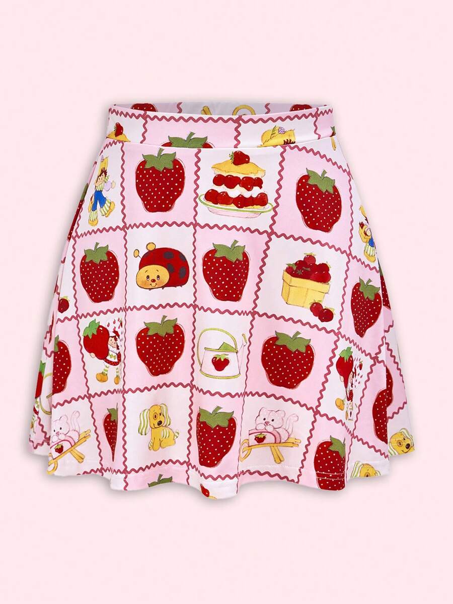 Strawberry Shortcake X SHEIN Summer Sweet And Cute Style Strawberry Pattern Pink Stretch Skirt