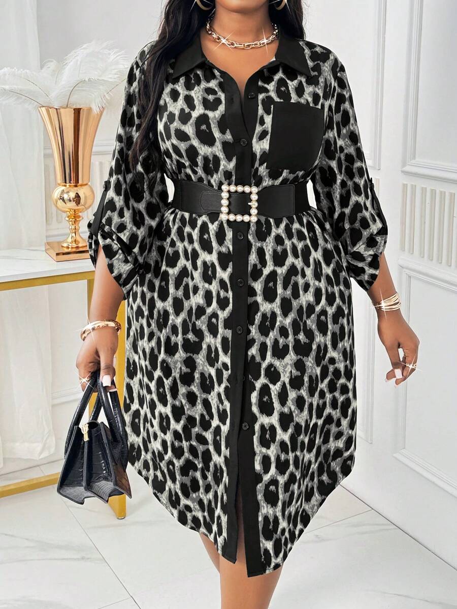 SHEIN Lady Spring And Summer Autumn And Winter Elegant Leopard Print Woven Shirt Collar Shirt Sleeve Pocket Shirt Dress Midi Long Sleeve Plus Size Dresses
