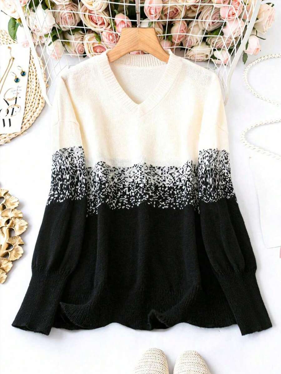 SHEIN LUNE Pull ample décontracté à col en V, manches longues, dégradé noir et blanc contrastant, tenue décontractée femme, tenue de vacances, hauts de campagne