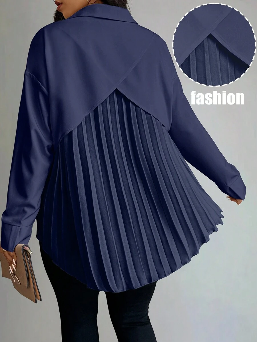 Celure Plus Size Women's Solid Color Drop Shoulder Long Sleeve Pleated Back Casual Office Shirt, Autumn