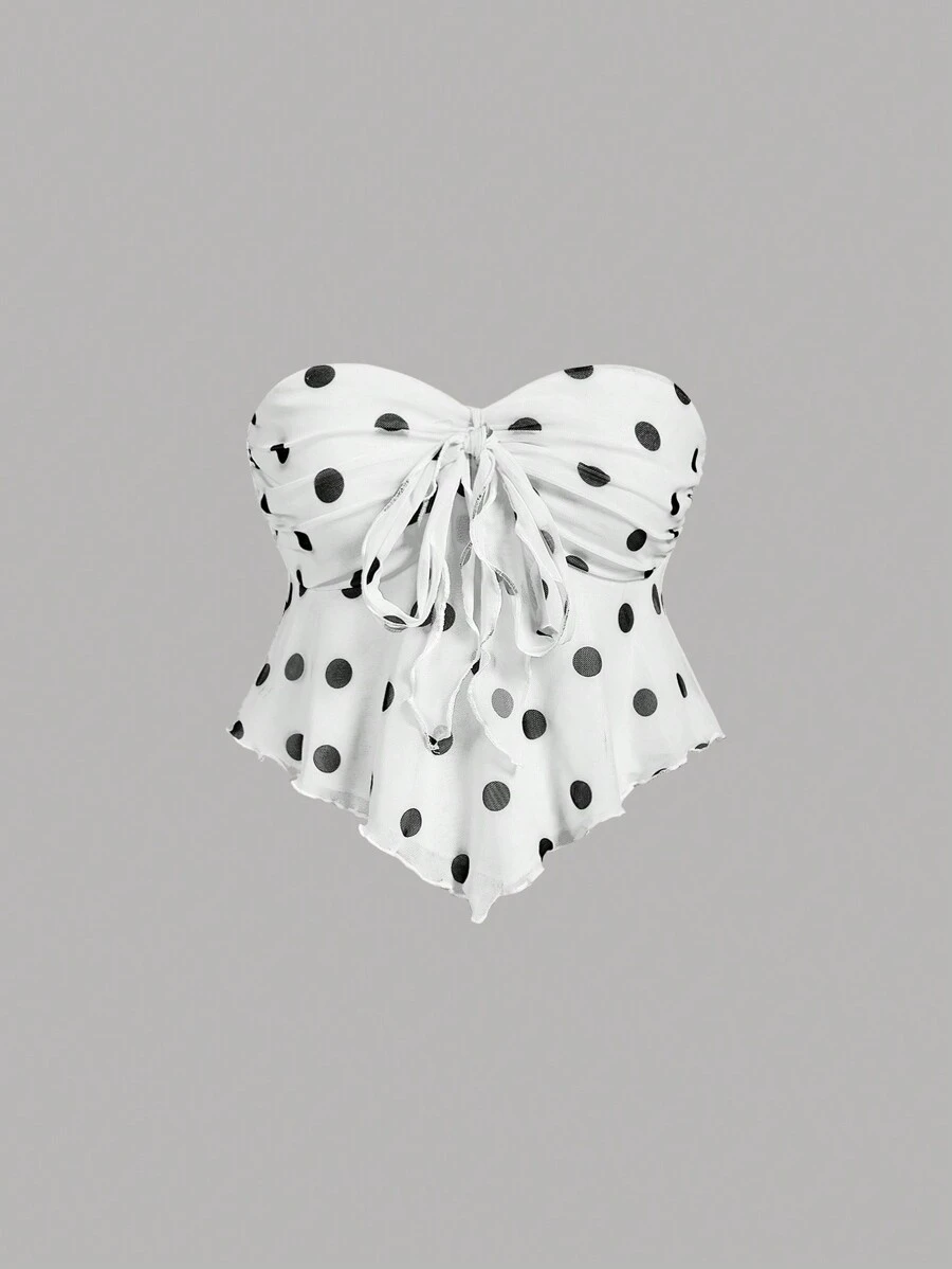 SHEIN MOD Women Vintage Polka Dot Front Knot Asymmetric Hem Fashionable Tube Top