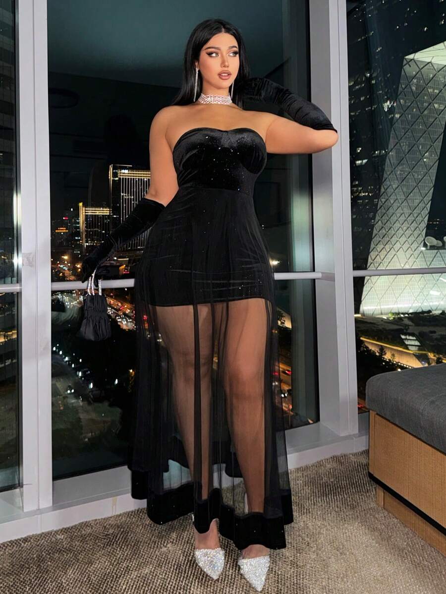 Allurite Plus Size Black Mesh Dress, Glittering Elegant Strapless Gown
