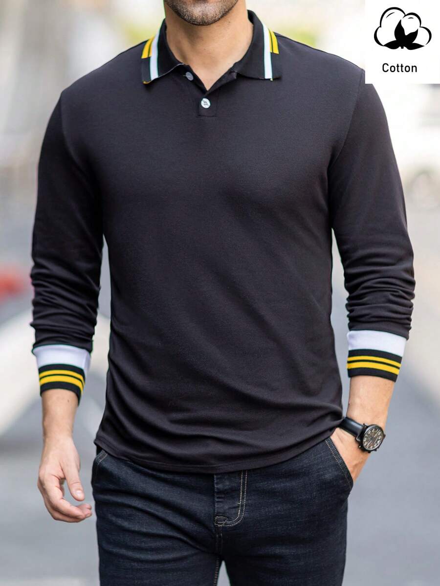 Manfinity Homme Men Ribbed Striped Long Sleeve Casual Business Fashion Polo Shirt