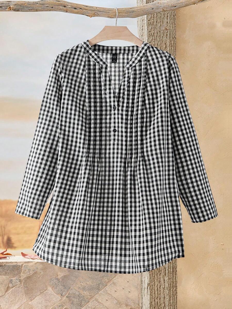 EMERY ROSE Plus Size Autumn Casual Plaid Button Half-Placket Notch Collar Long Sleeve Shirt,Winter Women Clothes
