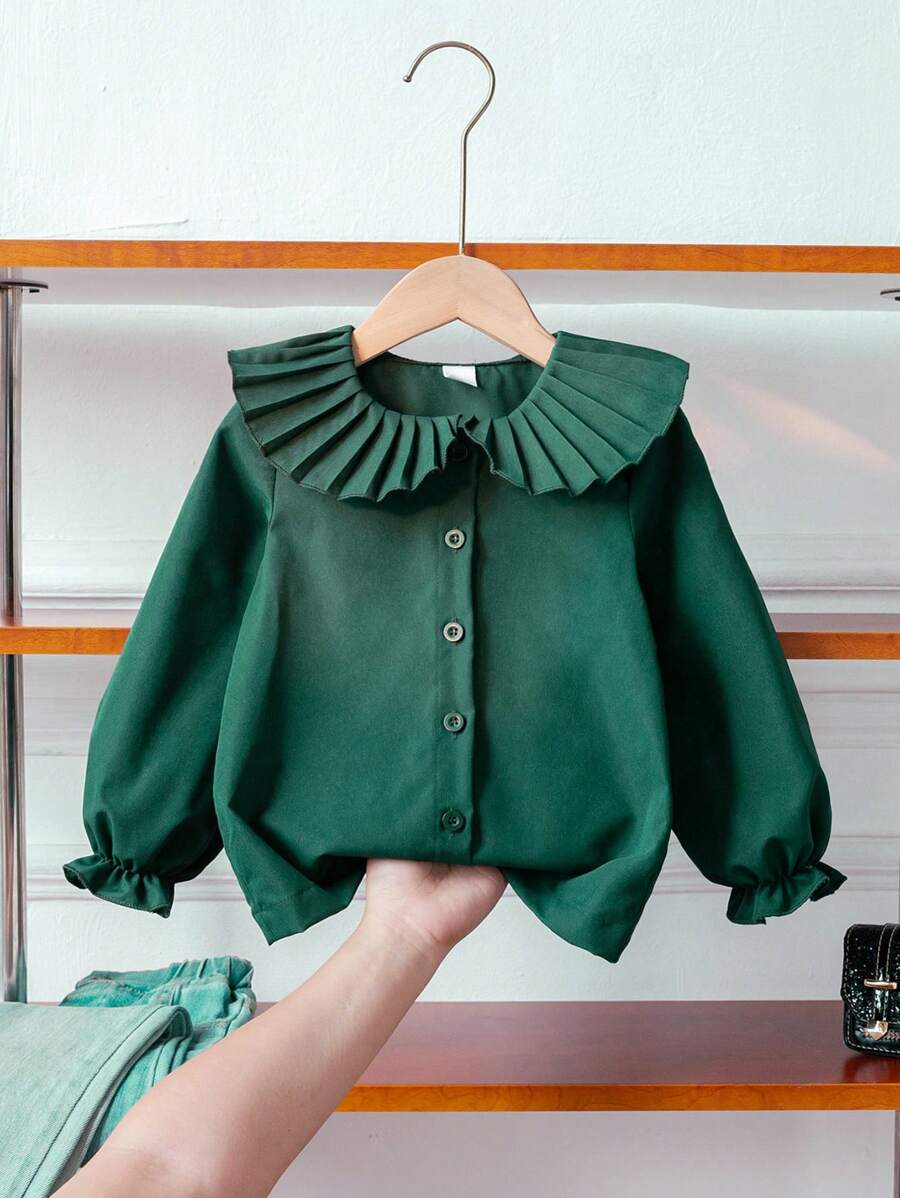 SHEIN Young Girl Elegant Collared Ruffle Sleeve White Long Sleeve Casual Blouse, Suitable For Fall, Winter, School, Back-To-School, Formal Events, Daily Wear,Holiday,Summer,Travel