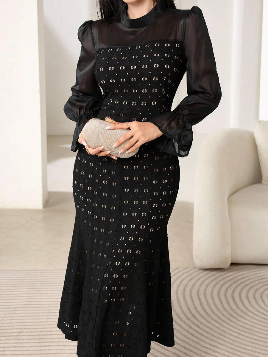 Modelyn Fitted Mermaid Hem Mesh Splice Long Sleeve Midi Dress For Women Maxi Women Outfit Long Evening Dresses