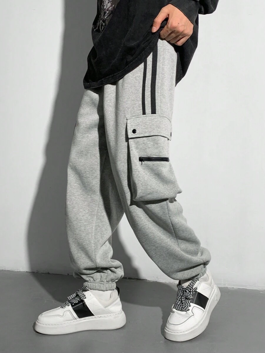 SHEIN Tween Boys' Casual Striped Pocket Zipper Ribbed Cuff Sweatpants, Contrast Drawstring, Versatile For Daily Wear, Spring/Summer/Autumn/Winter, School/Street Style