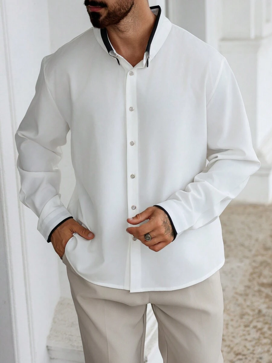Manfinity Homme Plus Size Men's Color Block Long Sleeve Casual Business Shirt
