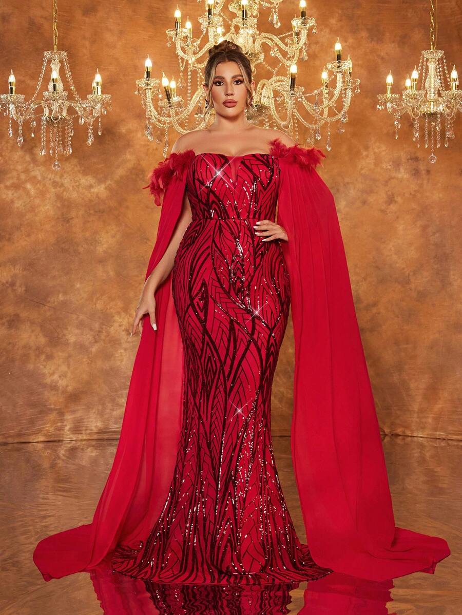 Glamrae Plus Size Red Luxury Sequins Embroidery Turkey Feather Large Shawl Halloween Prom Elegant Formal Evening Dress (Natural Turkey Feather Shoulder) For Wedding Guest, Graduation, Dinner, Party Dress,Gown