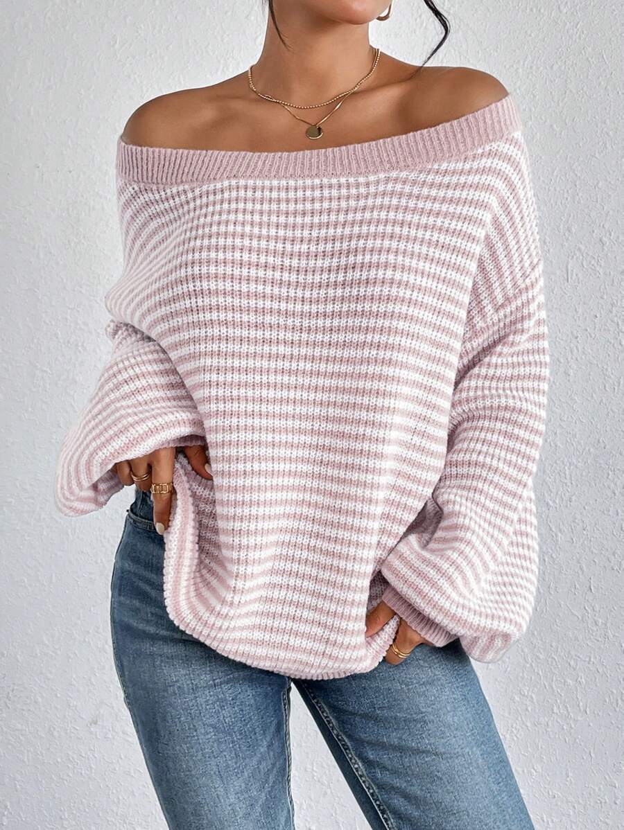 SHEIN LUNE Women Casual Contrast Color Stripe Bell Sleeve Knit Sweater, Autumn/Winter,Long Sleeve Tops,Off The Shoulder Sweater