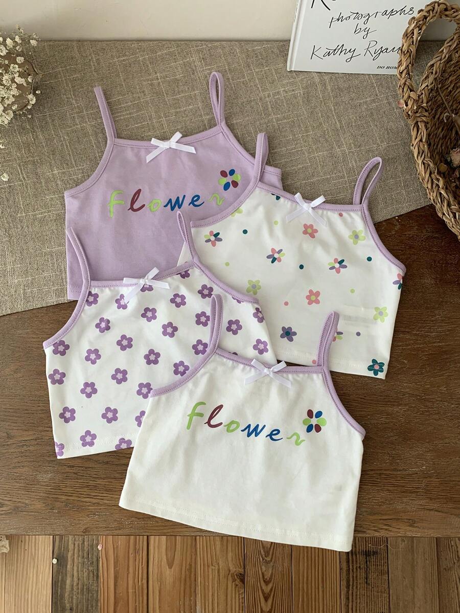 SHEIN Conjunto de 4 piezas de top corto de camisola acanalado con estampado floral y de letras para niña joven, con tirantes ajustables, en tonos morados