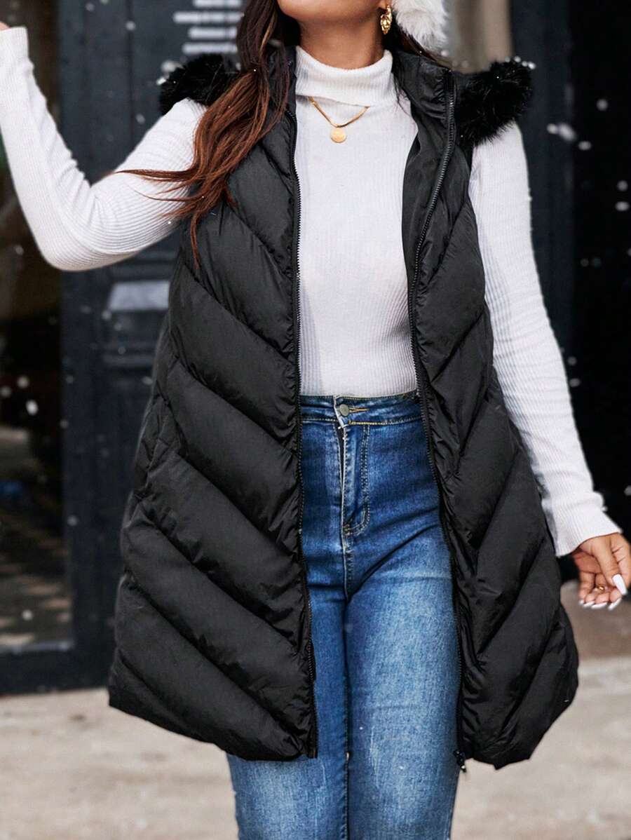 Franclia Chaleco acolchado con capucha y cuello esponjoso para mujer de talla grande, prendas de vestir de invierno