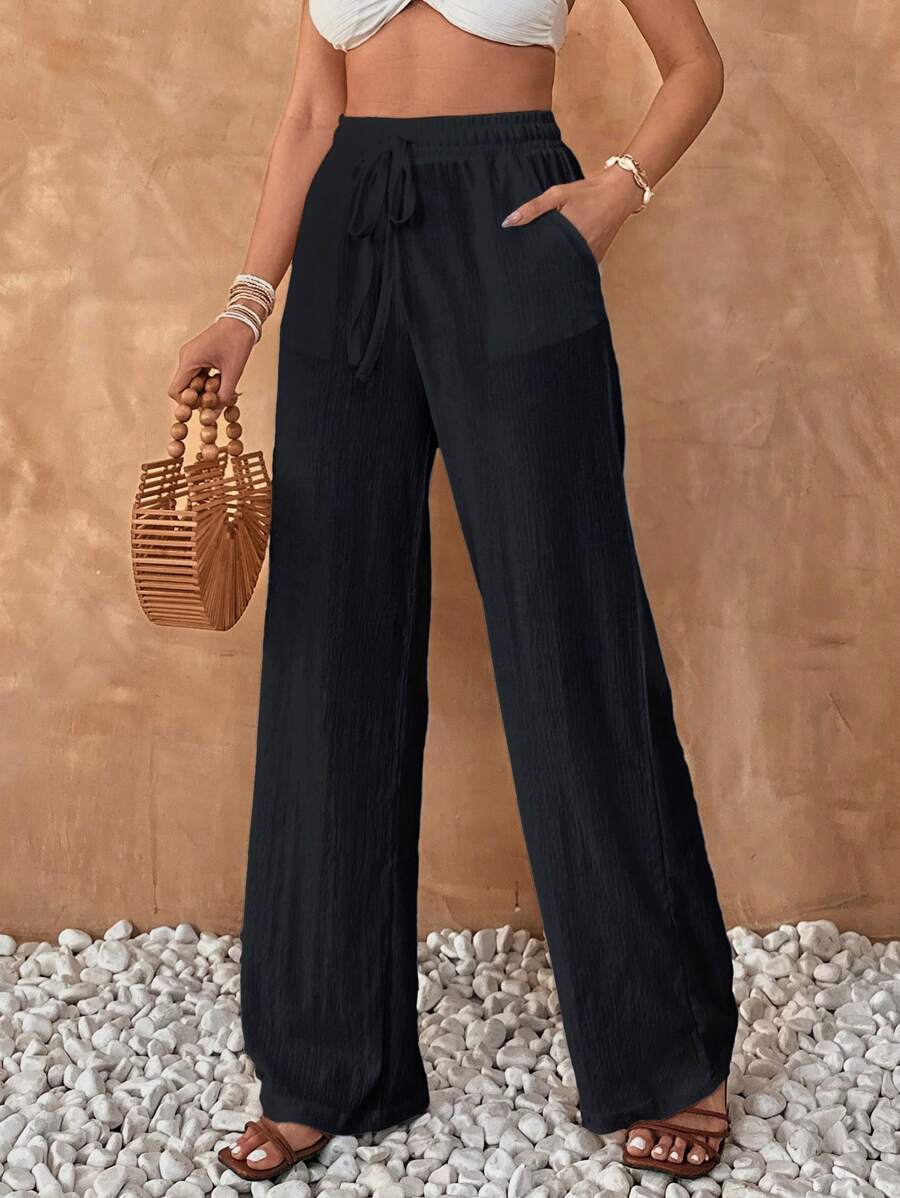Pantalon De Lin Large À Jambe Large Pour Femme, Été De Couleur Solide Beige, Taille Haute Avec Cordon De Serrage