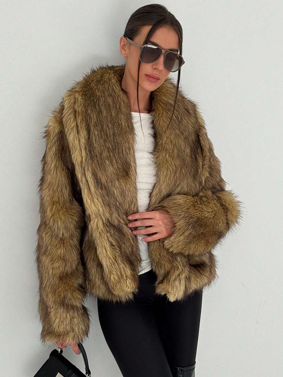 Aloruh Brown Fluffy Short Jacket Warm Coat For Young Women, Y2K Style