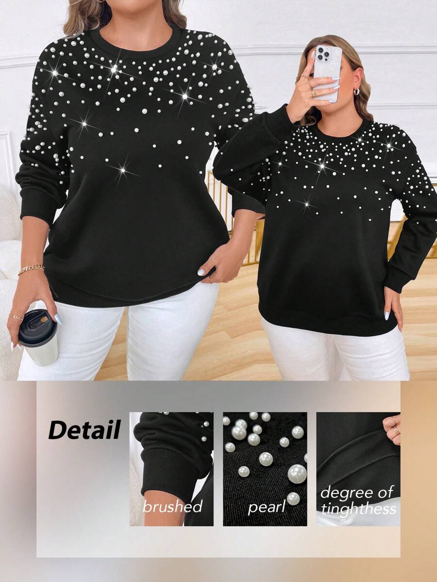 Calvaya Sudadera con cuello redondo de talla grande con decoración de perlas hecha a mano