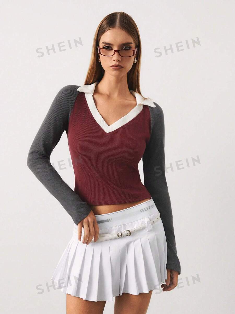 SURIMA Camiseta larga de manga larga con cuello en V, de terciopelo acanalado y bloque de color, cálida, para otoño/invierno, para mujer