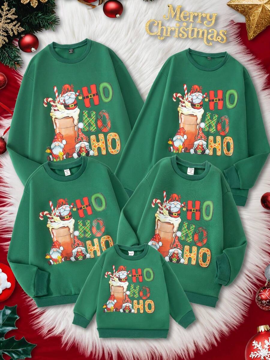 Tween Girl 1pc Oversized Cozy Thermal Lined Sweatshirt, Green With Colorful Christmas Graphic, Relaxed Fit For Everyday, Party, Indoor/Outdoor Wear, Perfect For Autumn/Winter