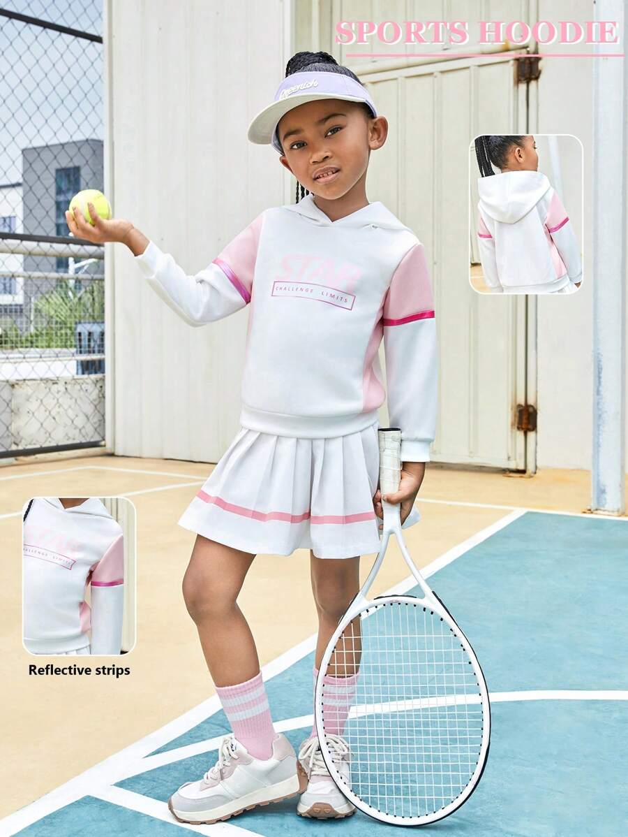 SHEIN Young Girl' Sporty Hoodies Knitted Pullover Sweatshirt With Contrast Color Panels And Reflective Strips, Everyday Casual Wear
