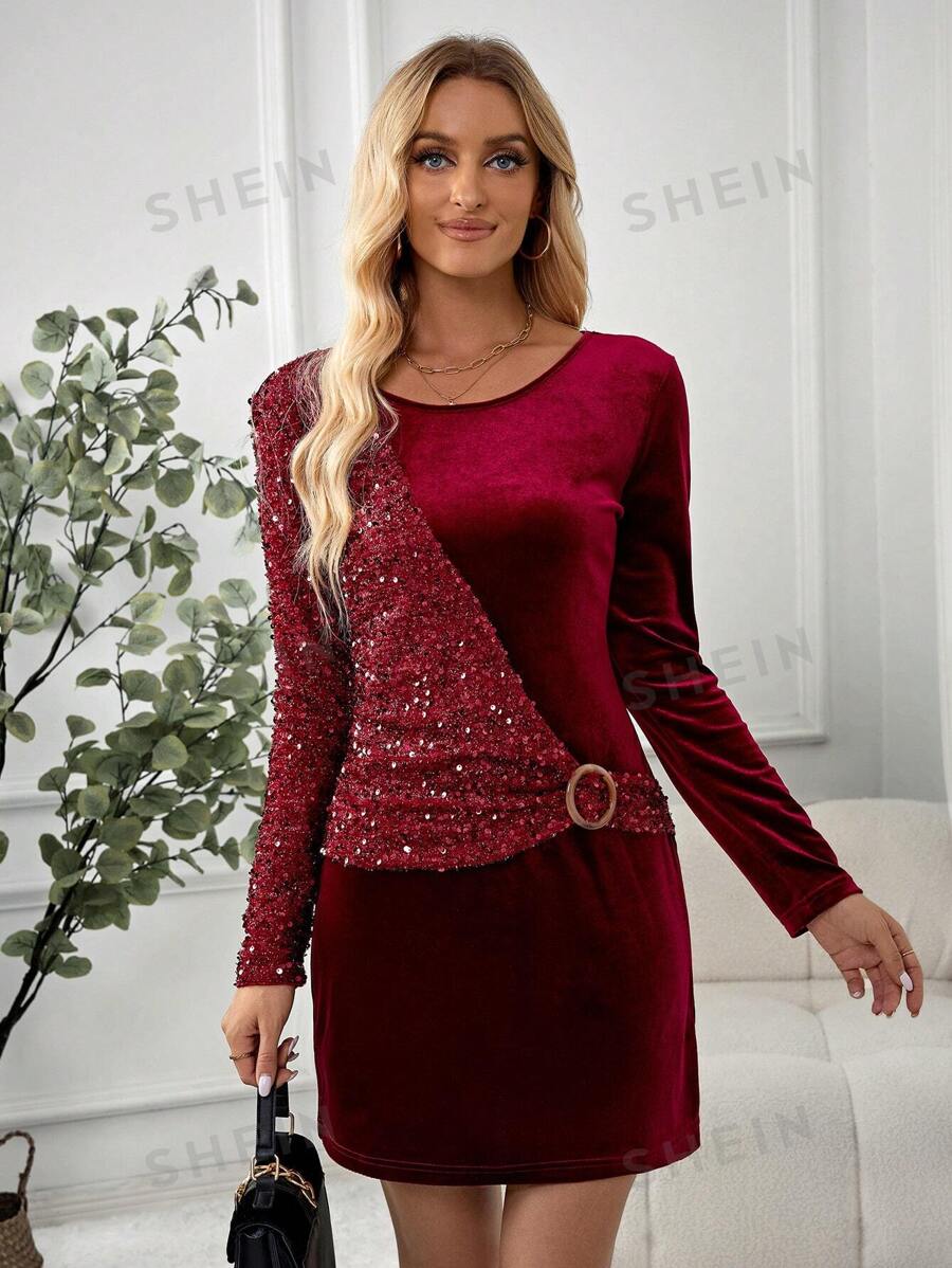 EMERY ROSE Vestido corto de manga larga, elegante y casual, con parches de lentejuelas, para otoño