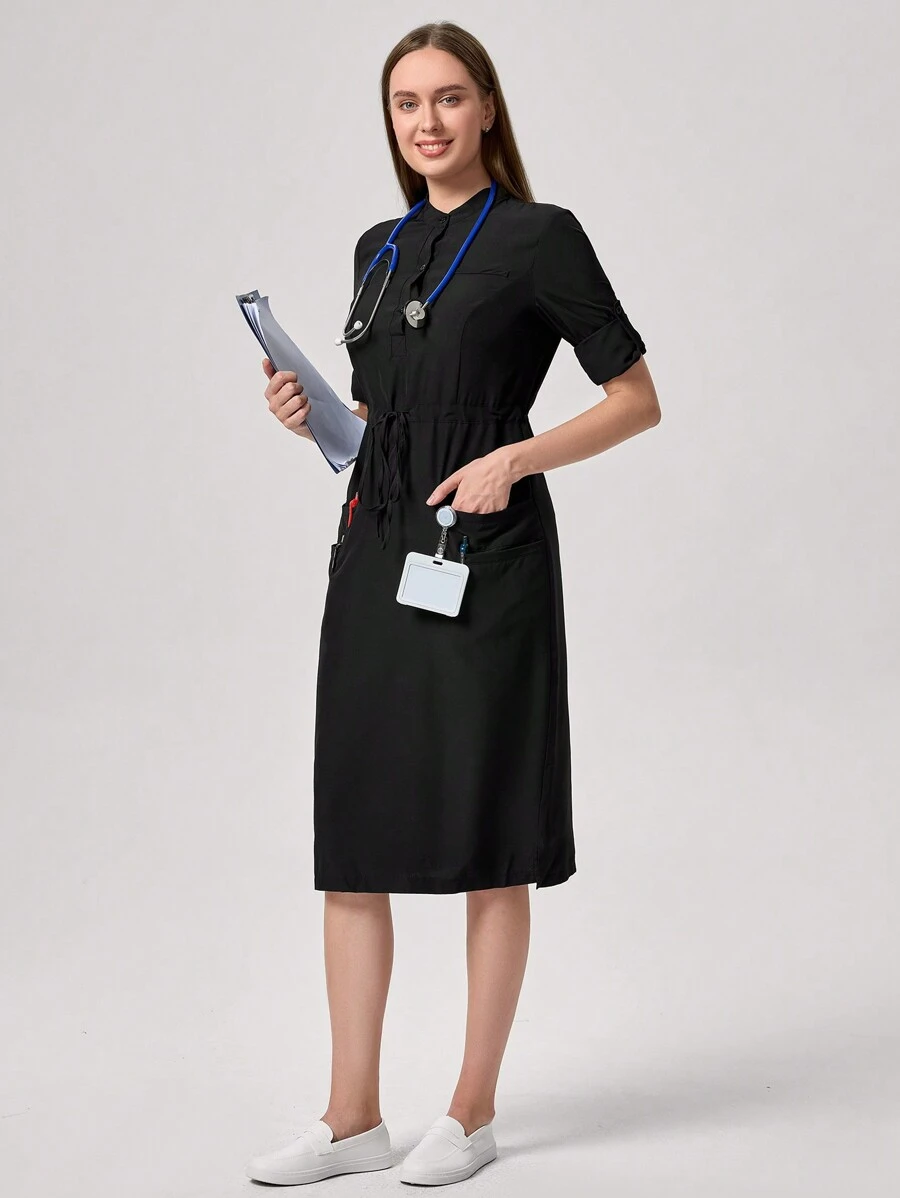 TaskEZ Black Partial Button Down Cinched Waist Multiple Pocket Decor Nurse Dress