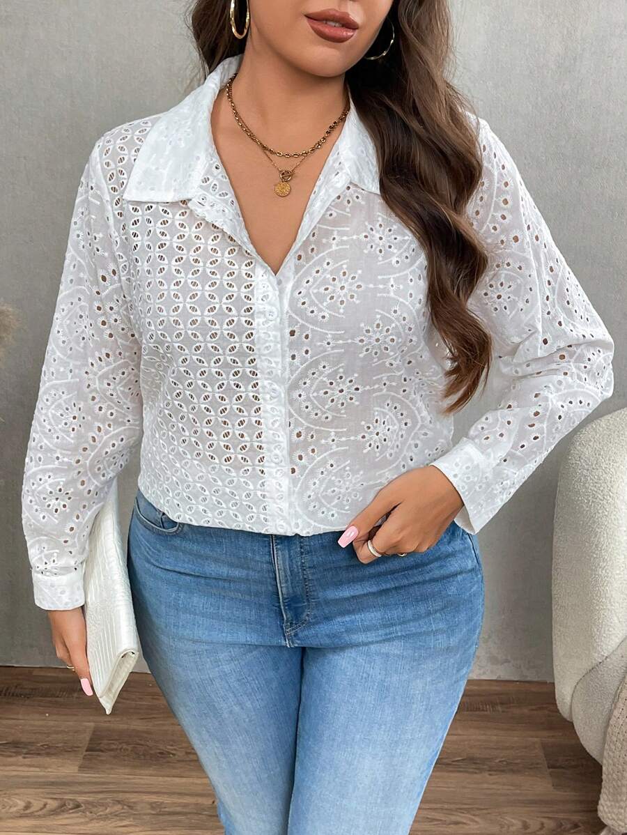 Calvaya Plus Size Women Sheer Embroidery Blouse