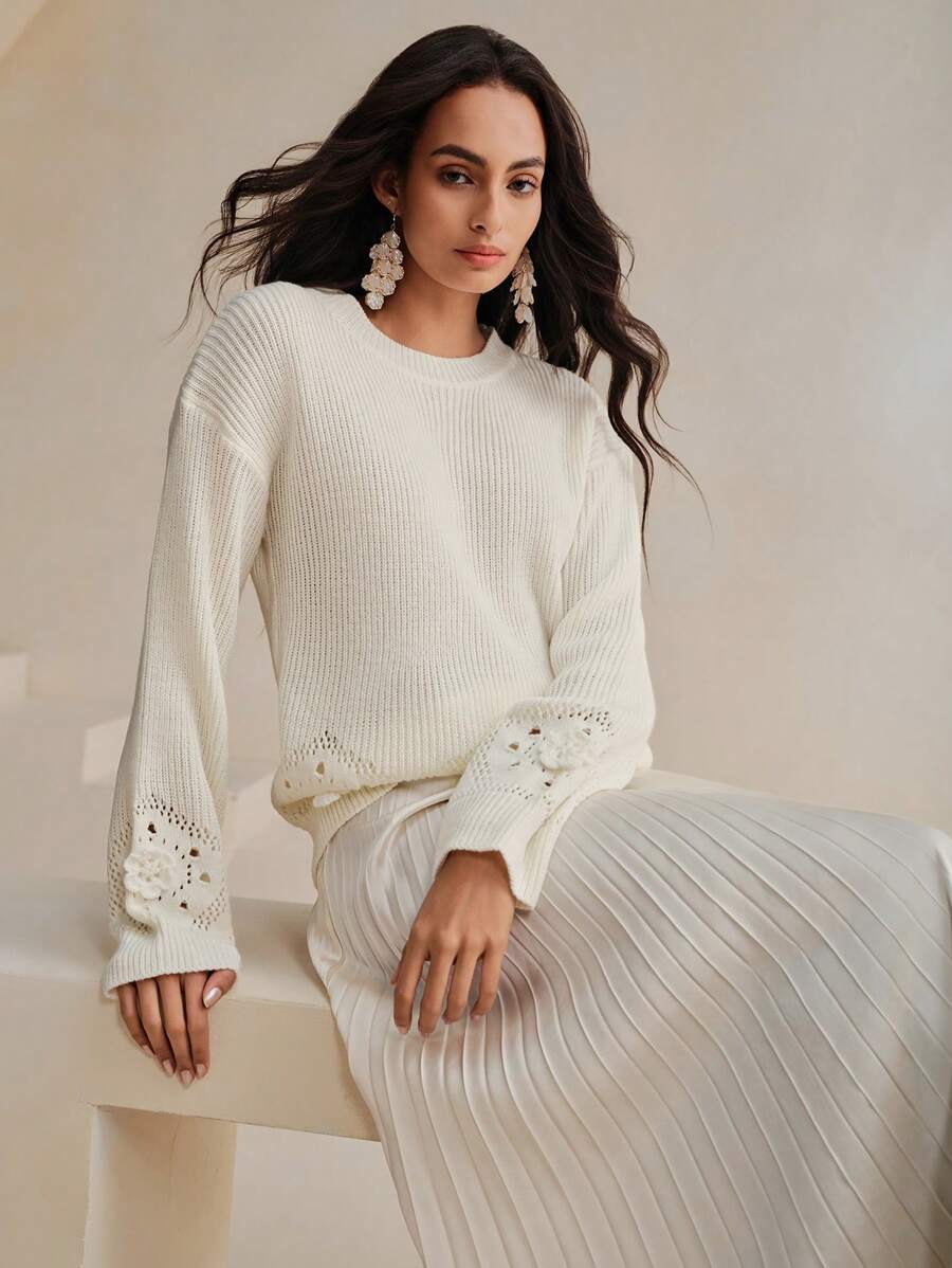 Anewsta Women Crochet Lace Drop Shoulder Loose Solid Color Sweater