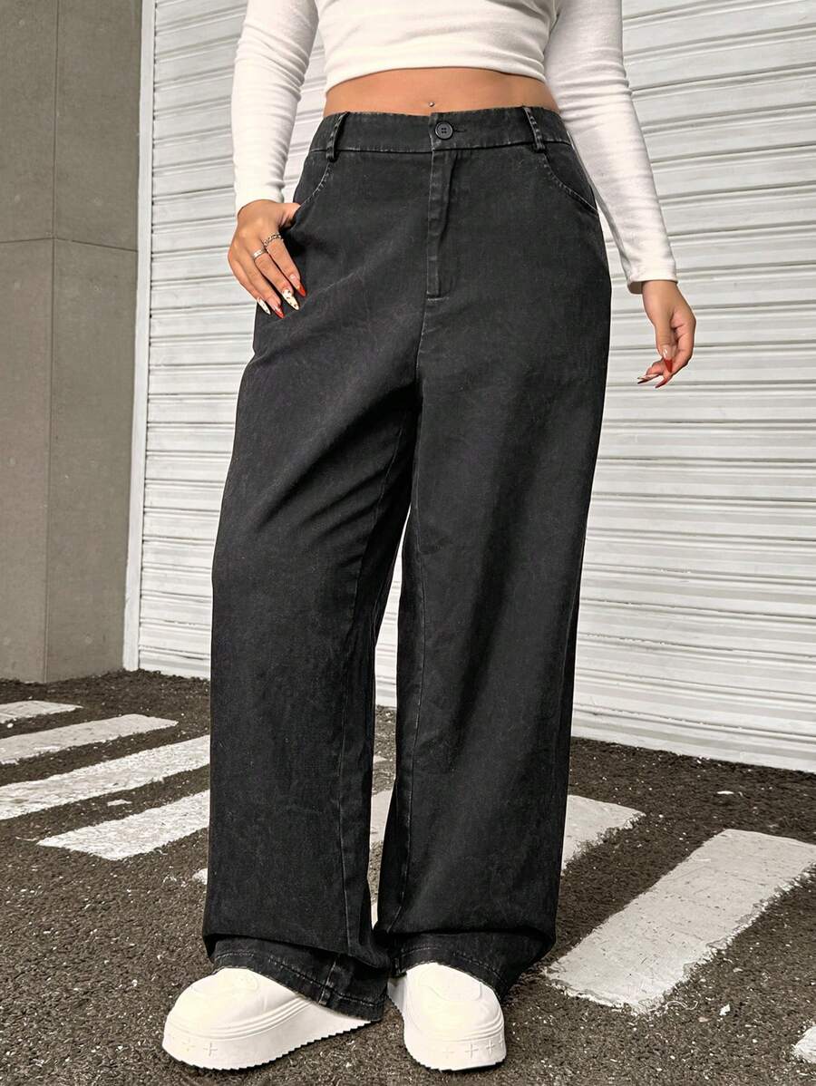 SHEIN EZwear Plus Size Black Distressed Wide-Leg Pants