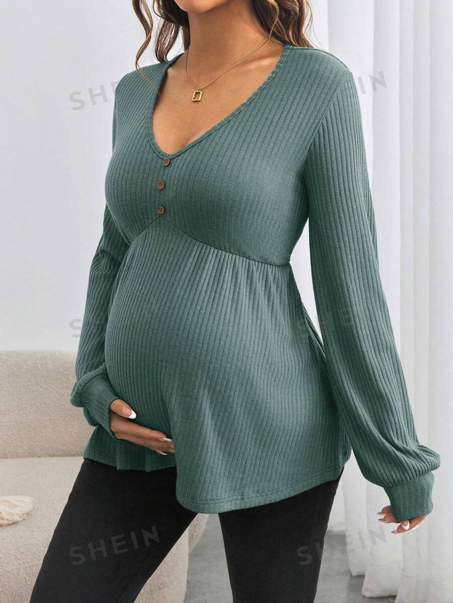 SHEIN Blusa de maternidad de manga larga, cuello en V, ajuste holgado con botones frontales