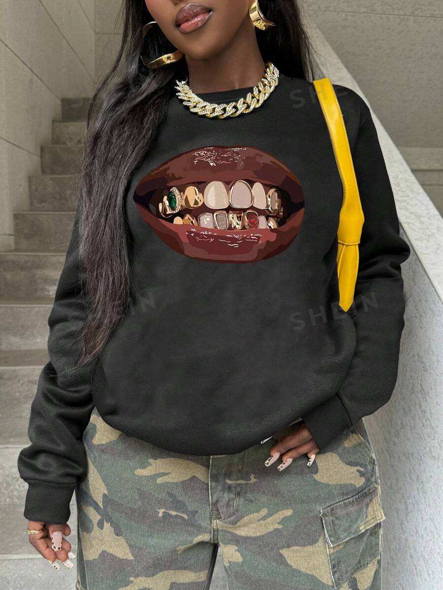 INAWLY Sudadera de cuello redondo con estampado de boca, sudadera de corte holgado